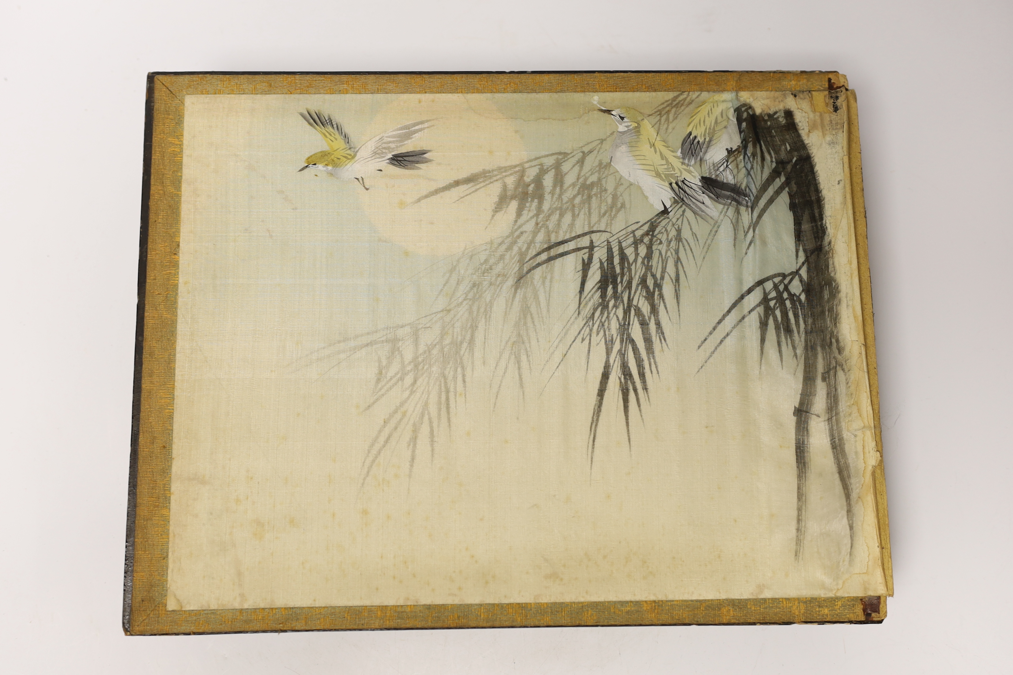 A Japanese bone and mother of pearl inlaid lacquer postcard album with continental postcards